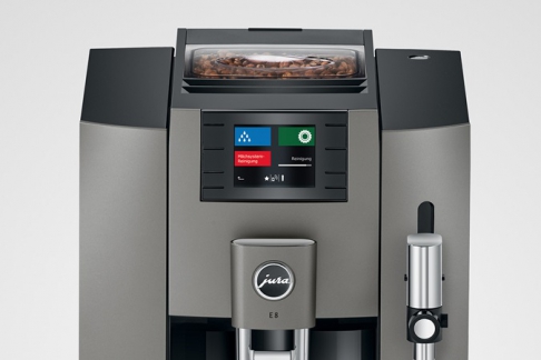 Ekspres Jura E8 Dark Inox (EB), widok na panel sterowania i pojemnik z ziarnami 